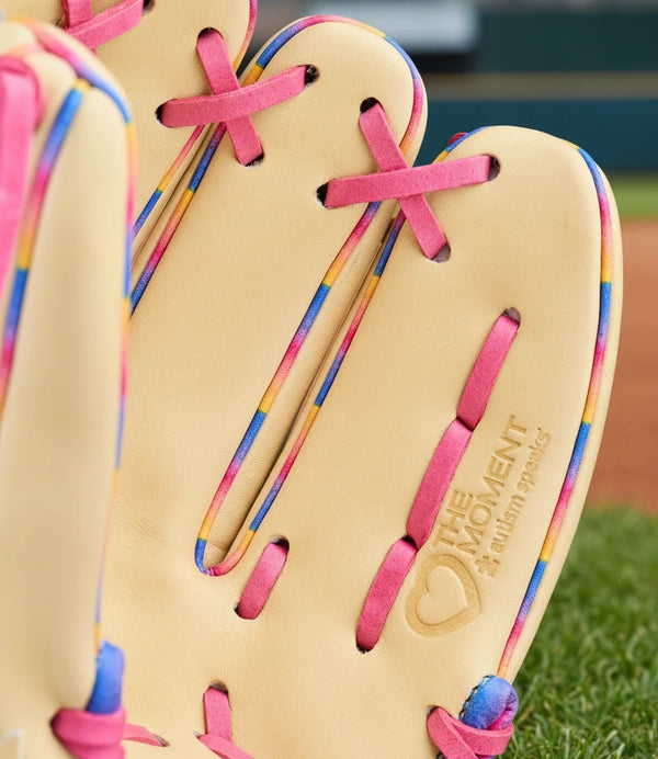 Close-up of the Autism Speaks® stamp on the inside of the Wilson A2000® 1786 Love the Moment™ 11.5" Baseball Glove