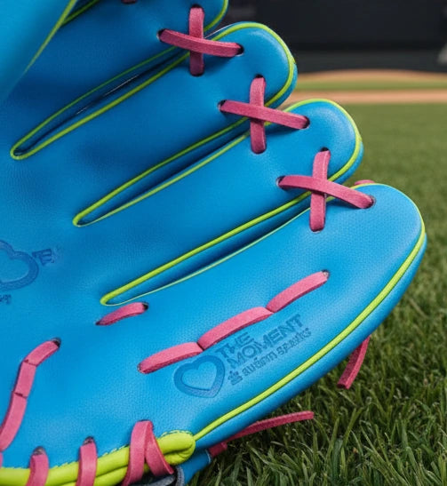 Close-up of the Autism Speaks® stamp on the inside of the Wilson A2000® DP15 Love the Moment™ 11.5" Baseball Glove