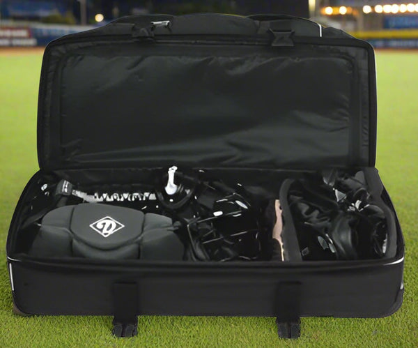 Equipment and shoes compartments inside the Diamond WHL DLX 33 UMP Wheeled Umpire Bag