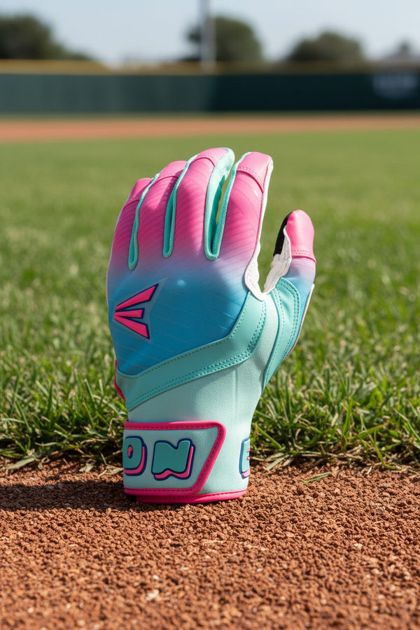 View of the backhand of the Easton Walk-Off Ethos Spring Break Youth Batting Glove - Aqua/Pink