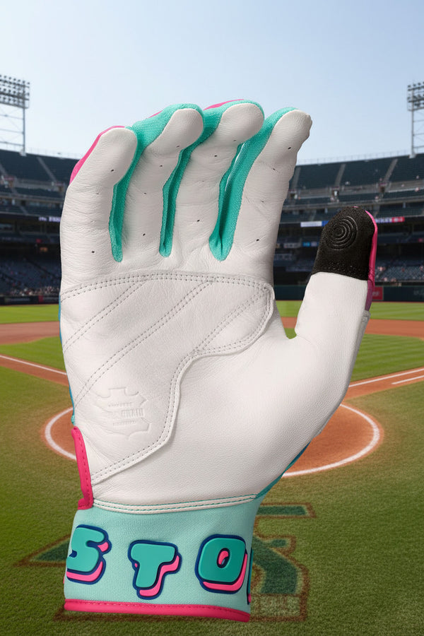 View of the palm of the Easton Walk-Off Ethos Spring Break Youth Batting Glove - Aqua/Pink