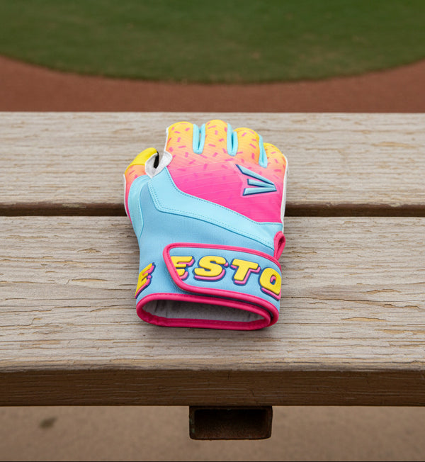 View of the backhand of the Easton Walk-Off Ethos Spring Break Youth Batting Glove - Columbia/Pink