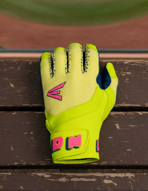 View of the backhand of the Easton Walk-Off Ethos Spring Break Youth Batting Glove - Neon