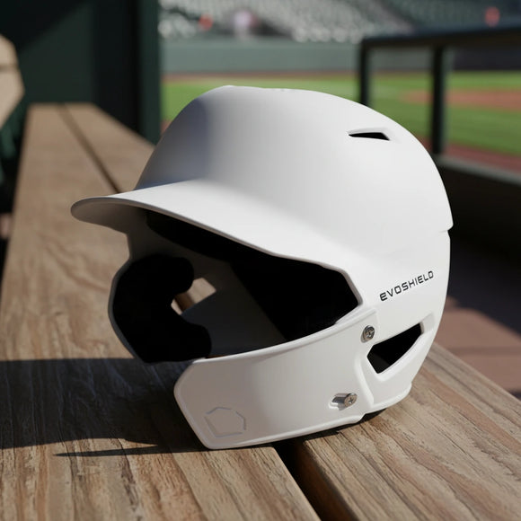 Batting helmet with the Evoshield XVT™ Batting Helmet Face Shield - Matte White attached