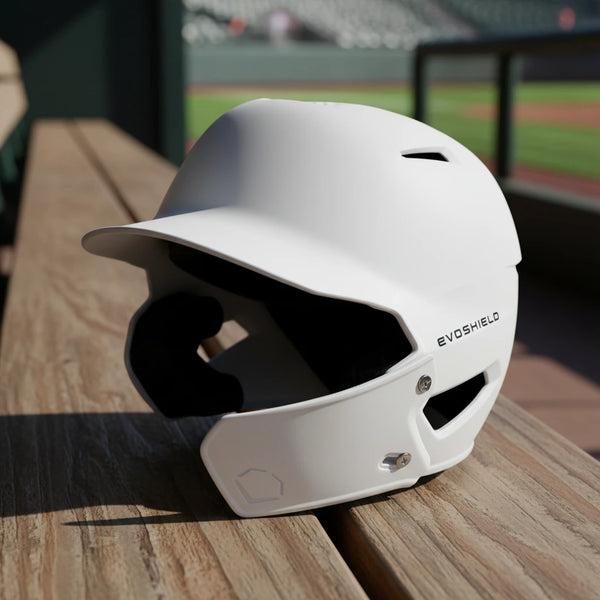 Batting helmet with the Evoshield XVT™ Batting Helmet Face Shield - Matte White attached