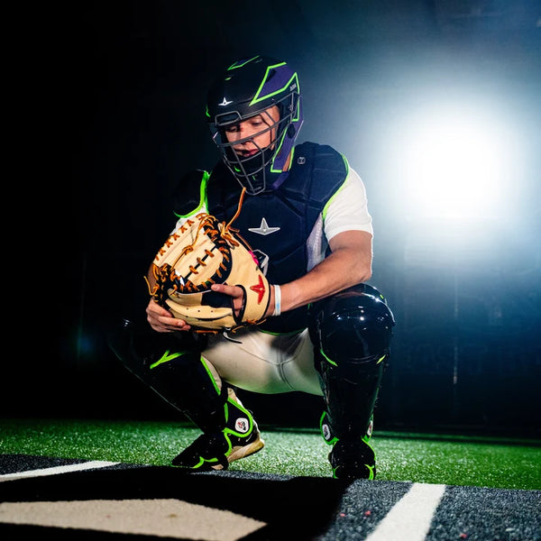 Advanced catcher wearing the All Star MVP-Pro™ Short Fuse Series Baseball Catching Kit - Jokester