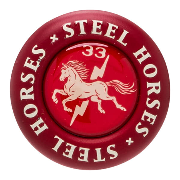 Close-up of the knob on the 2027 Combat MFG Spec A1 Steel Horses Red Rider -3 BBCOR Baseball Bat