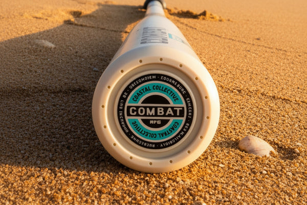 End cap on the 2026 Combat MFG Spec H1 Hybrid Coastal Collective Uluwatu -3 BBCOR Baseball Bat