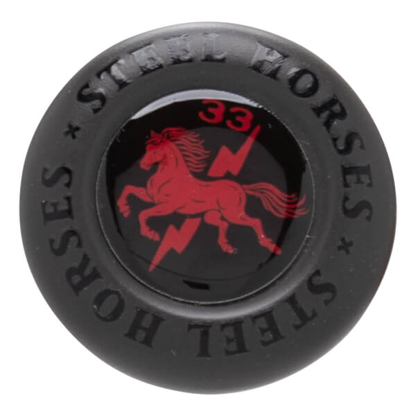 Close-up of the knob on the 2026 Combat MFG Spec-H1 Steel Horses Shadow Rider Hybrid -3 BBCOR Baseball Bat
