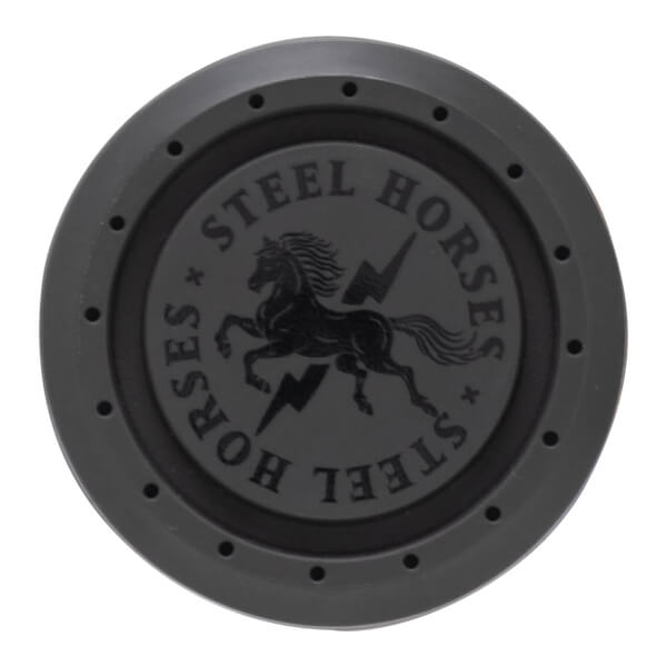 Close-up of the end cap on the 2026 Combat MFG Spec-H1 Steel Horses Shadow Rider Hybrid -3 BBCOR Baseball Bat