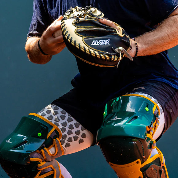 Catcher practicing while wearing the All Star MVP-Pro™ Catcher Protective Short