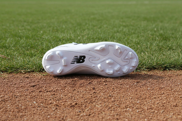 View of the sole on the New Balance Youth 4040 v8 Molded Cleat - White/Black