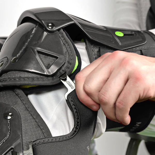 Close-up of the clasp system for the leg guards in the All Star MVP-Pro Series™ Youth Catching Kit