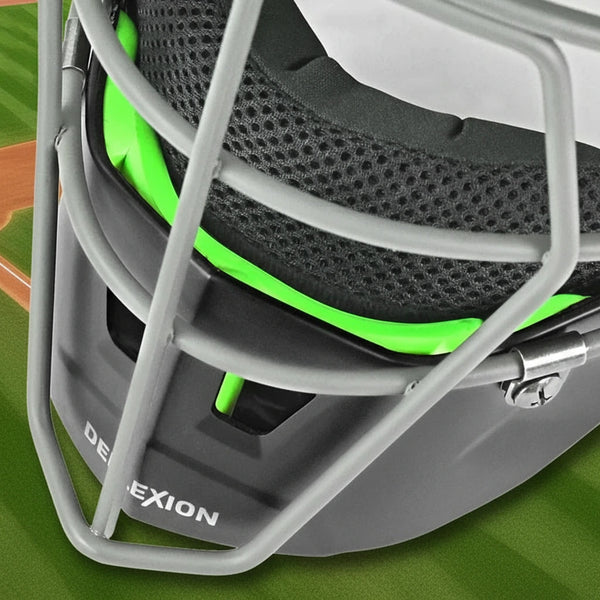 Close-up view of the catchers helmet on the All Star MVP-Pro Series™ Youth Catching Kit