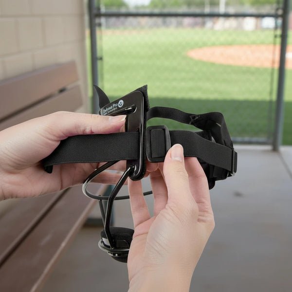 Person adjusting the Rip-It Pony Tail Strap for Softball Fielder's Mask