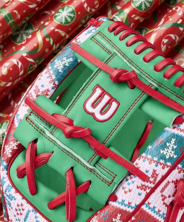 Close-up of the web on the Wilson A2000 1975 Christmas Sweater 11.75" Baseball Glove - GOTM December 