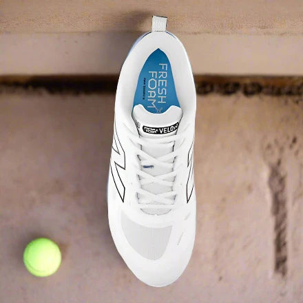 Top view of the New Balance Fresh Foam X Velo v4 Metal Softball Cleat - White w/ Black