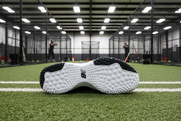 View of the sole of the New Balance FuelCell 4040 v8 Turf Trainer - Black/White