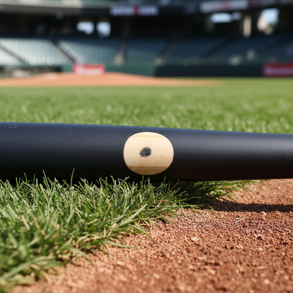 Close-up of the ink dot certification on the Victus Pro V Cut Flat Maple Wood Baseball Bat - Charcoal