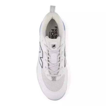 Top view of the New Balance Fresh Foam Velo v5 Molded Softball Cleat - White w/ Metallic Silver
