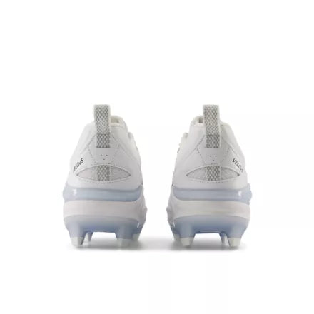 Rear view of the New Balance Fresh Foam Velo v5 Molded Softball Cleat - White w/ Metallic Silver